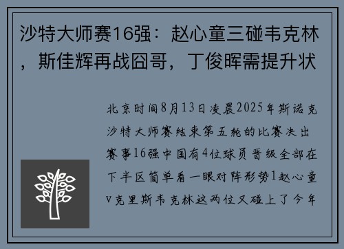 沙特大师赛16强:赵心童三碰韦克林,斯佳辉再战囧哥,丁俊晖需提升状态 沙特大师赛16强:赵心童三碰韦克林,斯佳辉再战囧哥,丁俊晖需提升状态